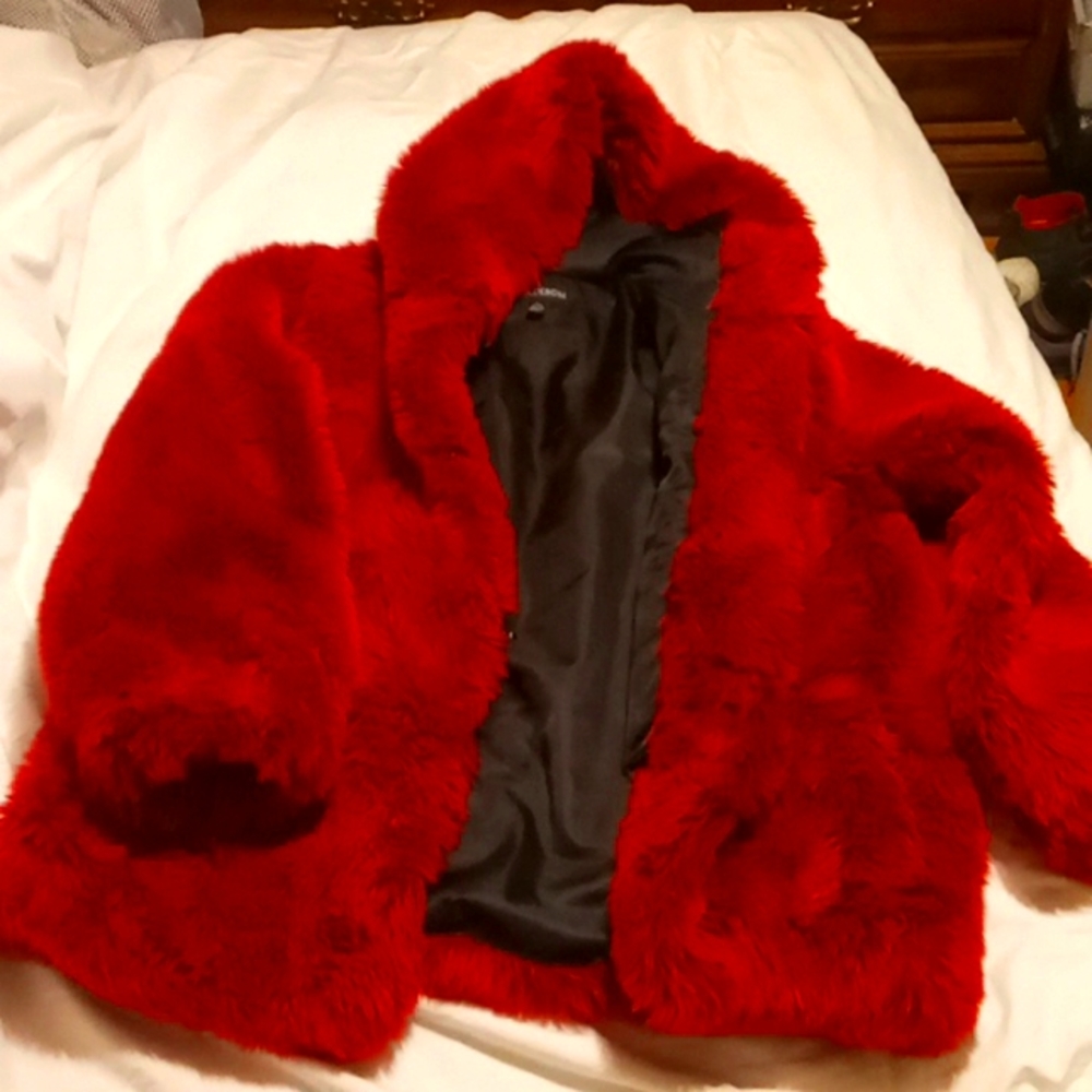 Red faux fur hip coat
